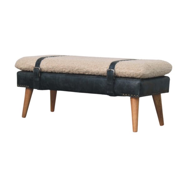 Solid Mango Wood Boucle & Black Leather Finished Bench - Image 2