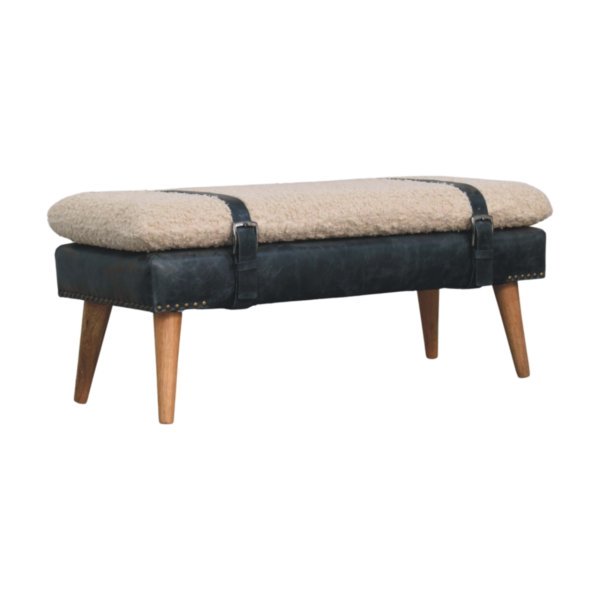 Solid Mango Wood Boucle & Black Leather Finished Bench - Image 3