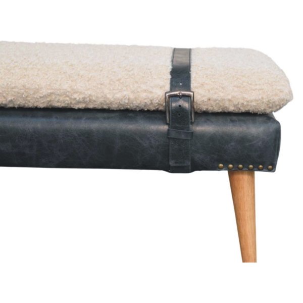 Solid Mango Wood Boucle & Black Leather Finished Bench - Image 4