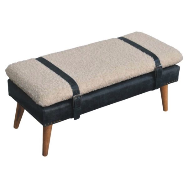 Solid Mango Wood Boucle & Black Leather Finished Bench - Image 5