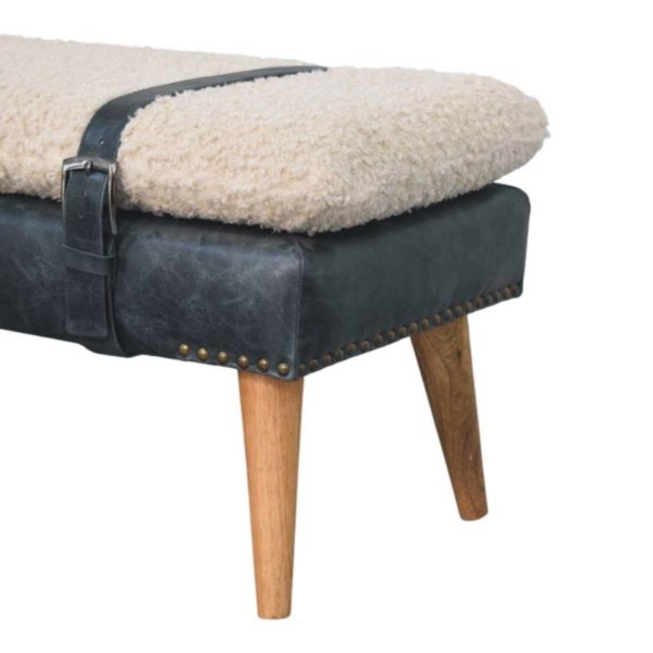 Solid Mango Wood Boucle & Black Leather Finished Bench - Image 7