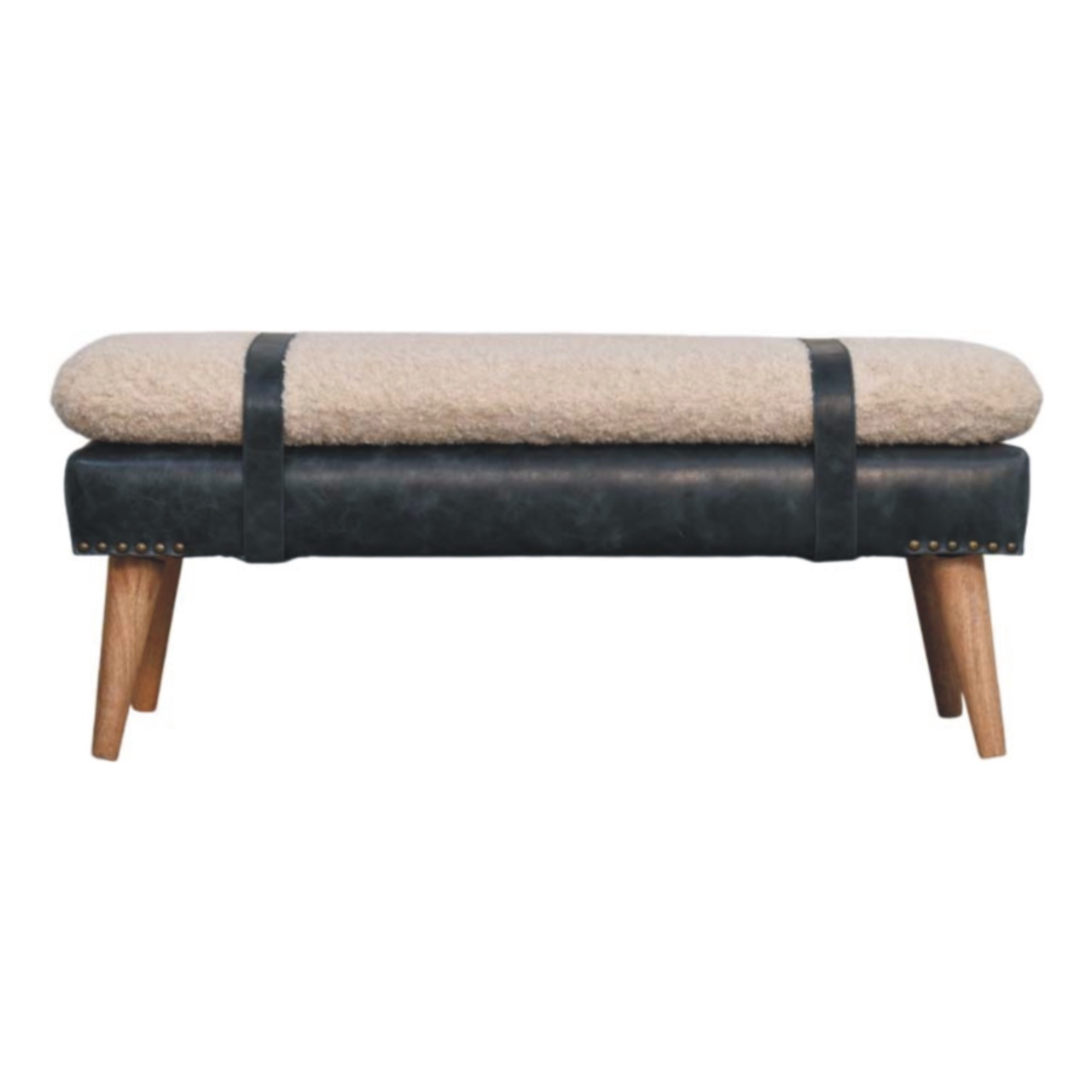 Solid Mango Wood Boucle & Black Leather Finished Bench - Image 9