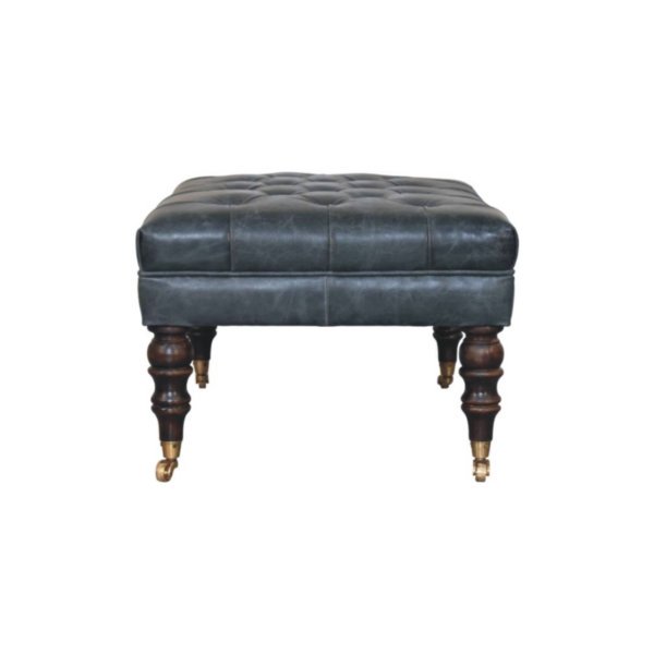 Solid Mango Wood Buffalo Teal Leather Ottoman with Castor Legs - Image 8