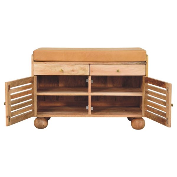 Solid Mango Wood Shutter Oak Finished 2 Door Upholstered Shoe Rack - Image 8