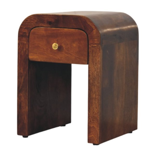 Solid Mango Wood Chestnut Finished 1 Drawer Mini Darcy Curved Nightstand