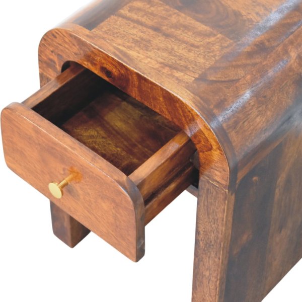 Solid Mango Wood Chestnut Finished 1 Drawer Mini Darcy Curved Nightstand - Image 5