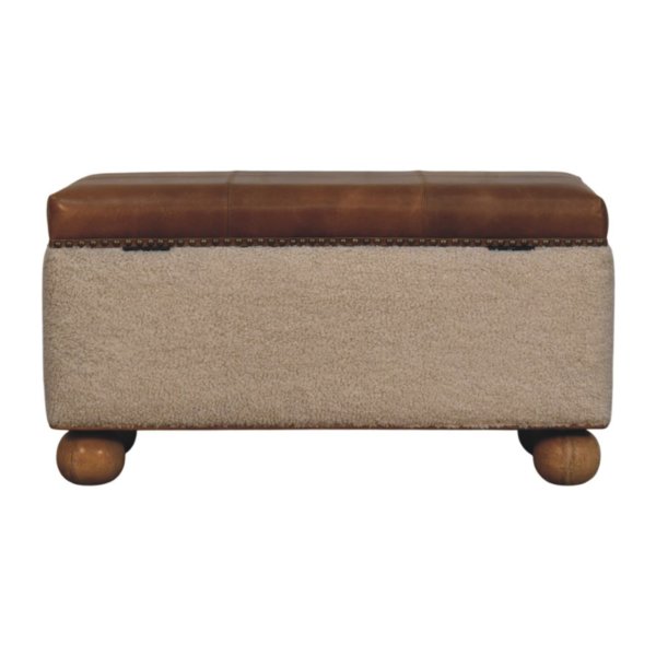 Solid Mango Wood Boucle & Upholstered Leather Storage Ottoman - Image 10