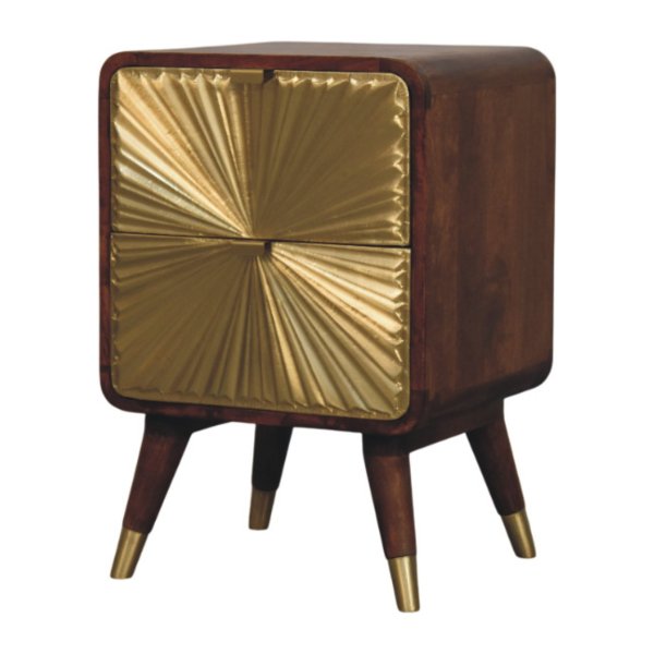 Solid Mango Wood Chestnut Finished Avora Sunburst Brass Embossed 2 Drawer Nightstand - Image 2