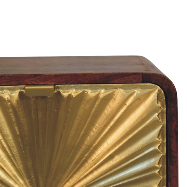 Solid Mango Wood Chestnut Finished Avora Sunburst Brass Embossed 2 Drawer Nightstand - Image 3