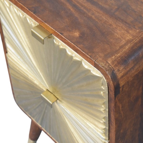 Solid Mango Wood Chestnut Finished Avora Sunburst Brass Embossed 2 Drawer Nightstand - Image 4