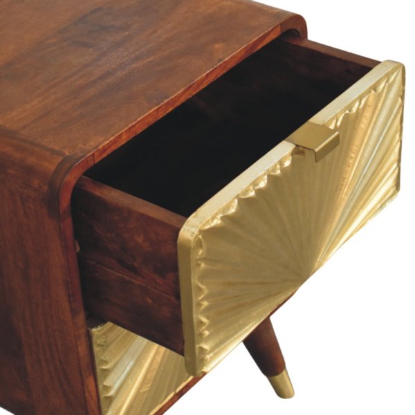 Solid Mango Wood Chestnut Finished Avora Sunburst Brass Embossed 2 Drawer Nightstand - Image 5