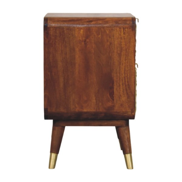 Solid Mango Wood Chestnut Finished Avora Sunburst Brass Embossed 2 Drawer Nightstand - Image 7