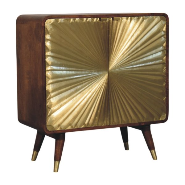 Solid Mango Wood Chestnut Finished Sunburst Avora Brass Embossed 2 Door Cabinet - Image 2