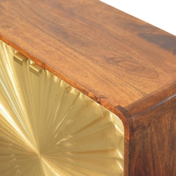 Solid Mango Wood Chestnut Finished Sunburst Avora Brass Embossed 2 Door Cabinet - Image 4