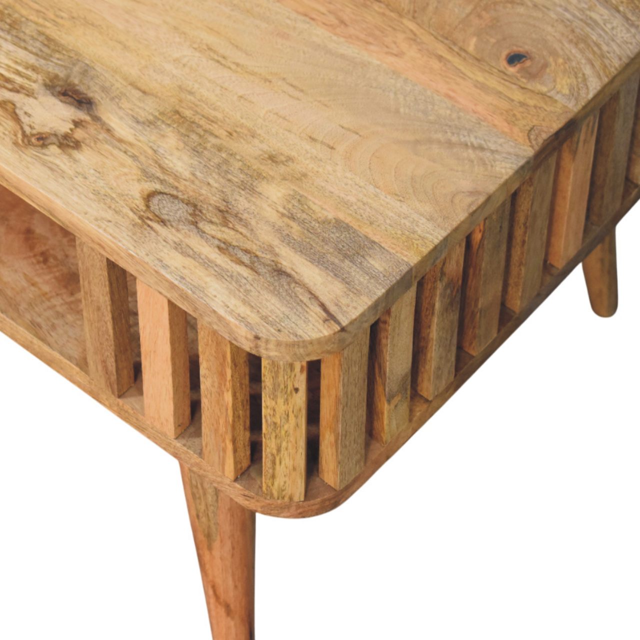 Solid Mango Wood Slatted Oak Finished Coffee Table - Image 4