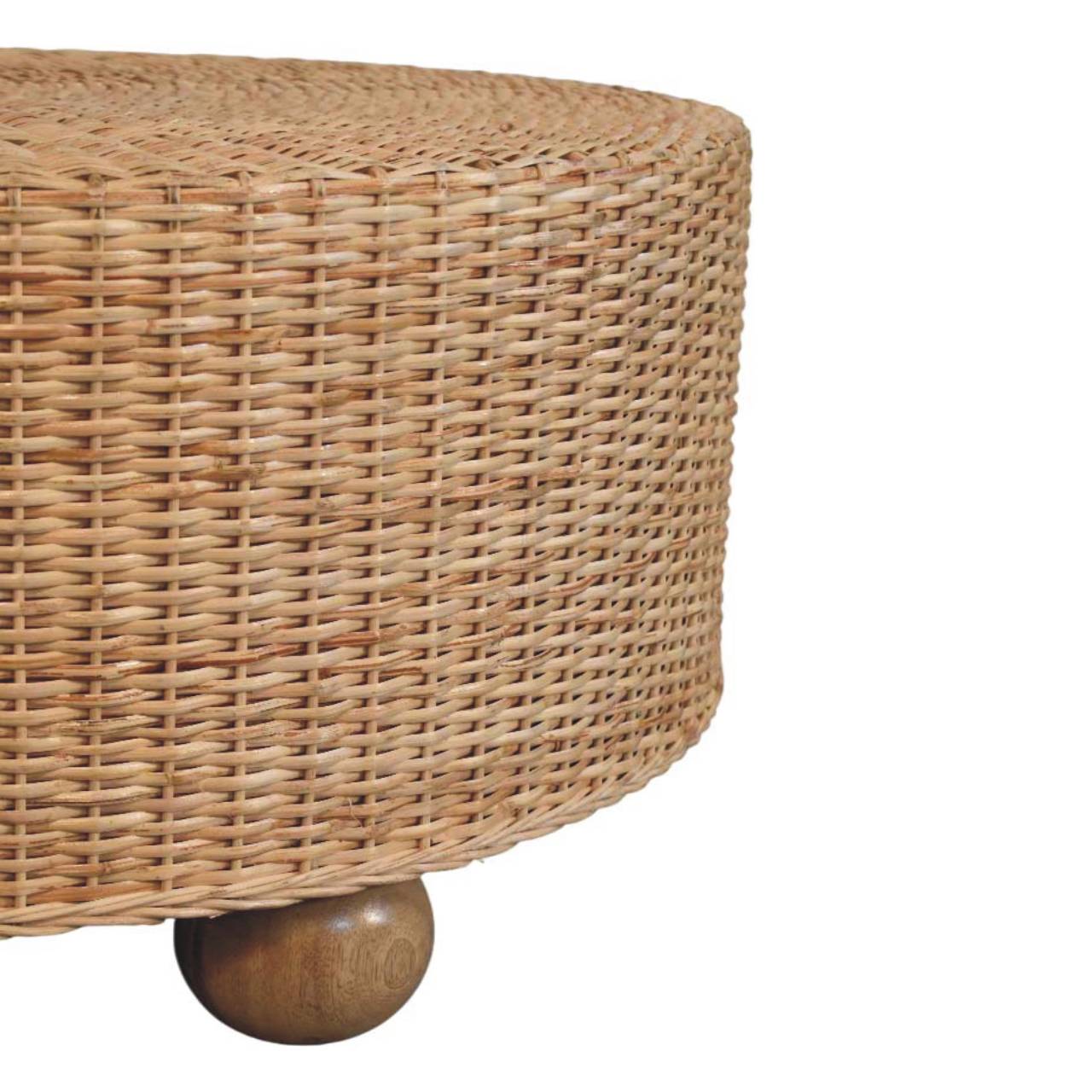 Solid Mango Wood Oak Finished Regency Round Woven Coffee Table with Ball Feet - Image 3