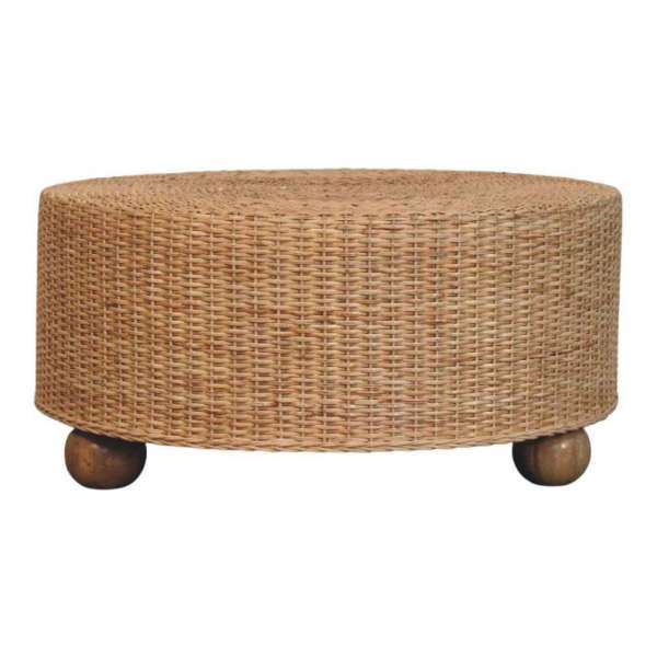 Solid Mango Wood Oak Finished Regency Round Woven Coffee Table with Ball Feet - Image 6