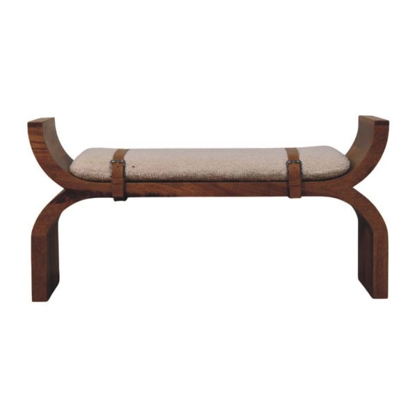 Solid Mango Wood Amber Oak Finished Boucle Upholstered Stirrup Style Belted Curved Bench
