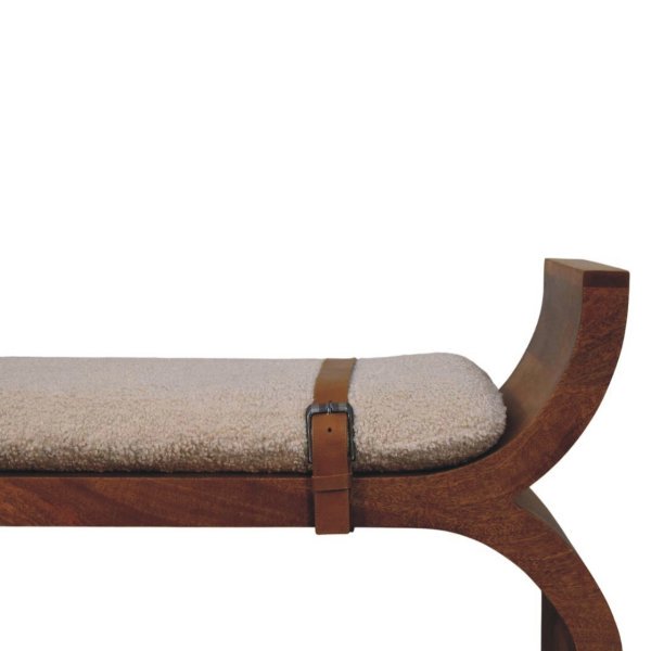 Solid Mango Wood Amber Oak Finished Boucle Upholstered Stirrup Style Belted Curved Bench - Image 4