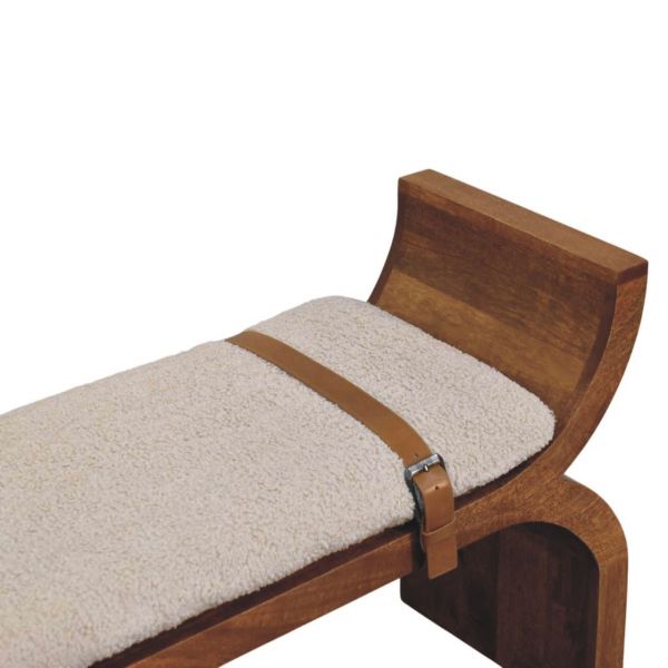 Solid Mango Wood Amber Oak Finished Boucle Upholstered Stirrup Style Belted Curved Bench - Image 5