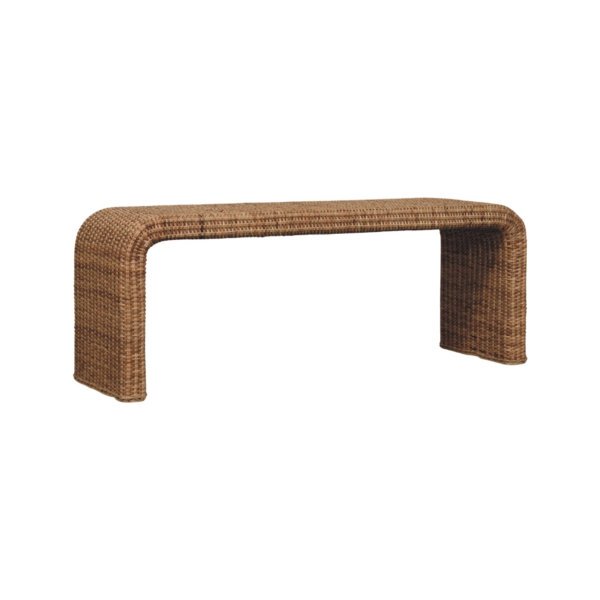 Solid Mango Wood Oak Finished Rattan Weave Bench - Image 2