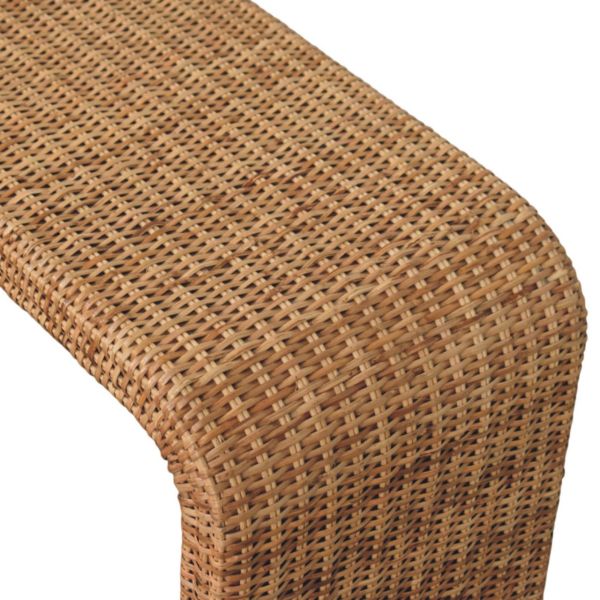 Solid Mango Wood Oak Finished Rattan Weave Bench - Image 5