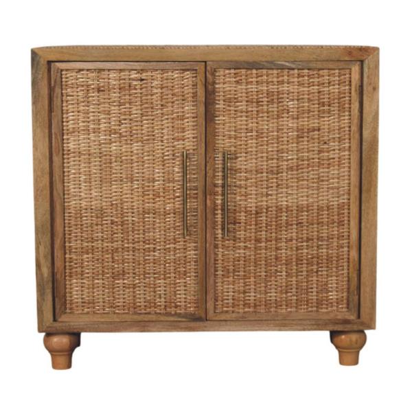 Solid Mango Wood Oak Finished 2 Rattan Finished Doors Cabinet