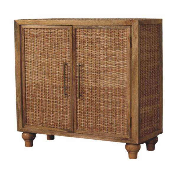 Solid Mango Wood Oak Finished 2 Rattan Finished Doors Cabinet - Image 2