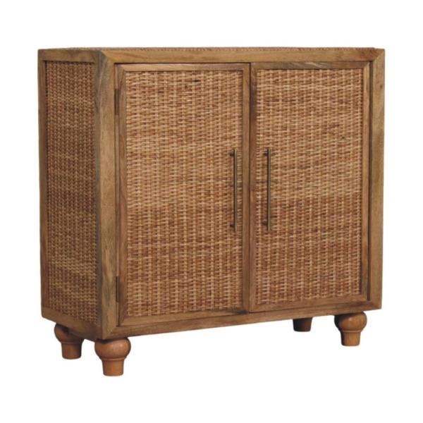 Solid Mango Wood Oak Finished 2 Rattan Finished Doors Cabinet - Image 3