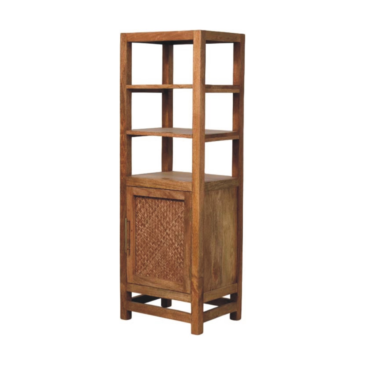 Solid Mango Wood Golden Teak Finished 2 Shelves 1 Door Saffron Rattan Tall Cabinet - Image 2