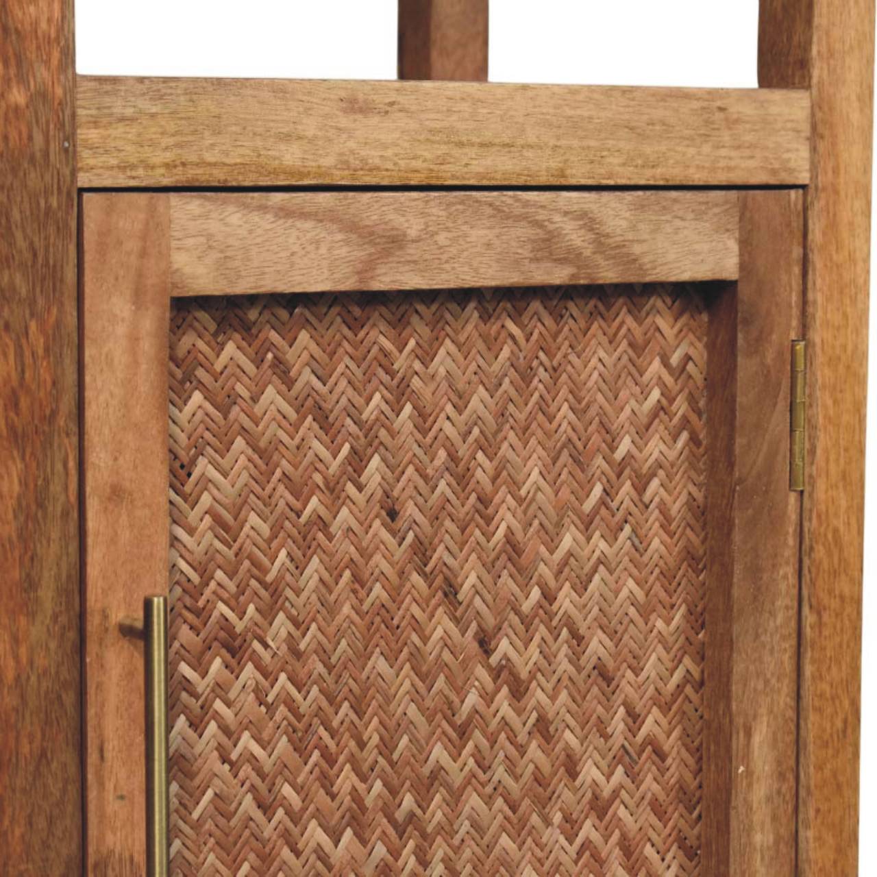 Solid Mango Wood Golden Teak Finished 2 Shelves 1 Door Saffron Rattan Tall Cabinet - Image 4