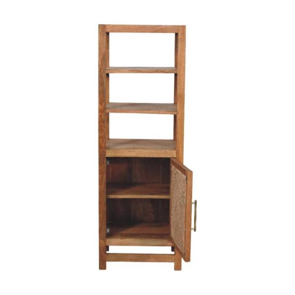 Solid Mango Wood Golden Teak Finished 2 Shelves 1 Door Saffron Rattan Tall Cabinet - Image 7