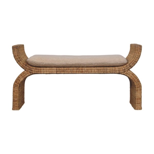 Solid Mango Wood Oak Finished Rattan Weave Boucle Cushioned Bench