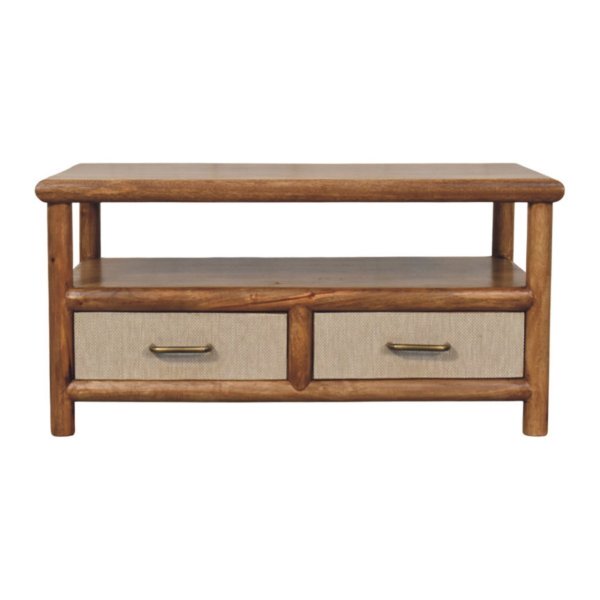 Solid Mango Wood Golden Teak Finish 2 Drawer Solara Rattan Coffee Table