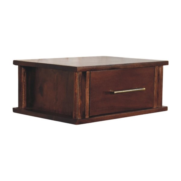 Solid Mango Wood Wine Wood Oak Finished 1 Drawer Wall-Mounted Bedside with Brass Handle - Image 2