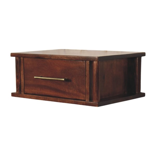 Solid Mango Wood Wine Wood Oak Finished 1 Drawer Wall-Mounted Bedside with Brass Handle - Image 3