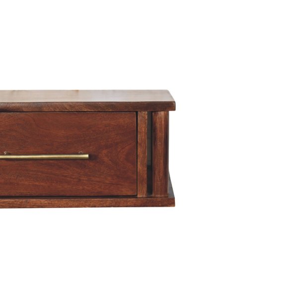 Solid Mango Wood Wine Wood Oak Finished 1 Drawer Wall-Mounted Bedside with Brass Handle - Image 4