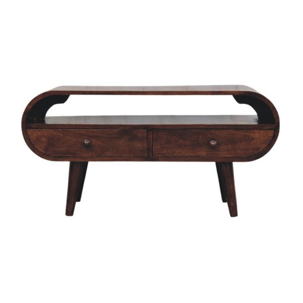Solid Mango Wood Walnut Curved Two Drawer Media Unit