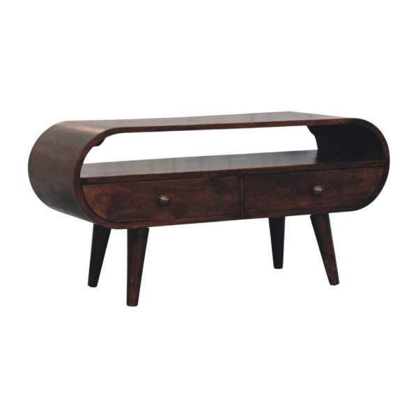 Solid Mango Wood Walnut Curved Two Drawer Media Unit - Image 2