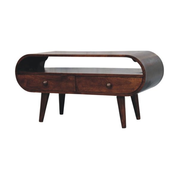 Solid Mango Wood Walnut Curved Two Drawer Media Unit - Image 3