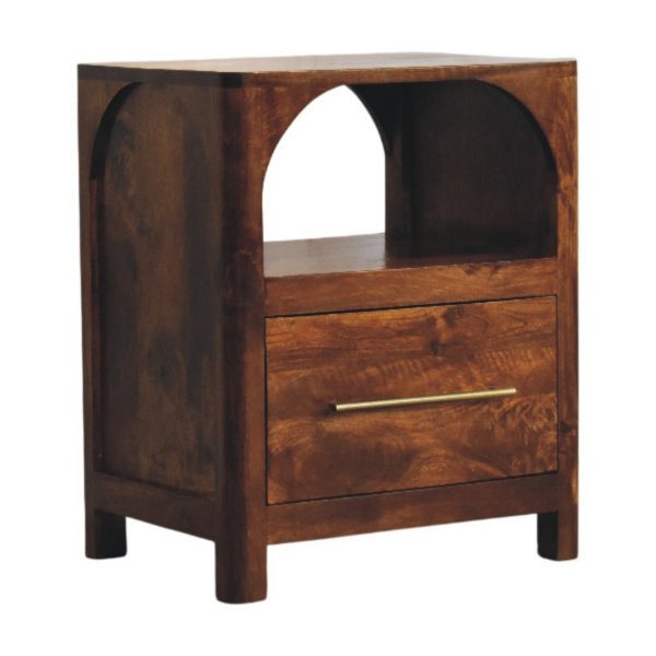 Solid Mango Wood Chestnut Finished 1 Drawer Arc Bedside Table - Image 2