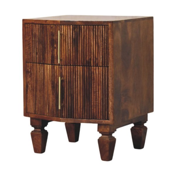 Solid Mango Wood Chestnut Finished 2 Drawer Harper Ribbed Chestnut Bedside - Image 3