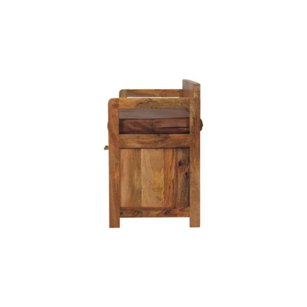 Solid Mango Wood Oak Finish Storage Bench with Brown Leather Seat - Image 8