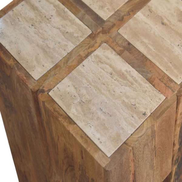 Solid Mango Wood Oak Finished Travertine Top Block Side Table - Image 5