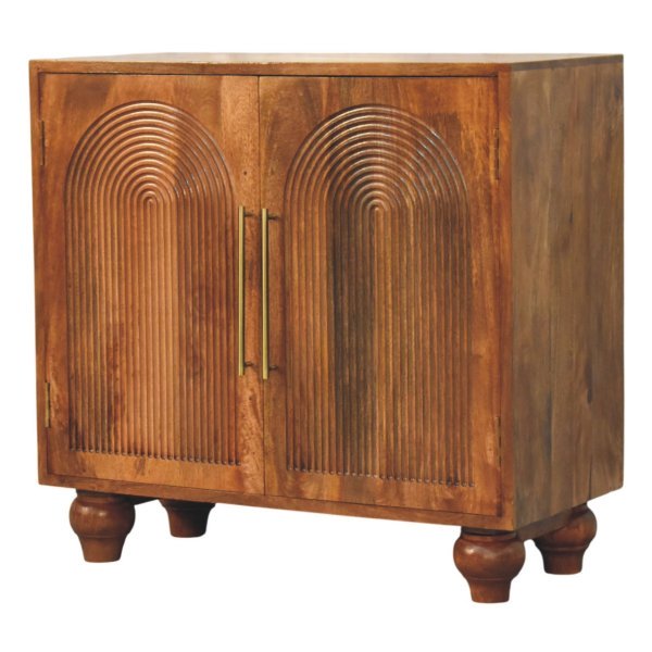 Solid Mango Wood Golden Teak Finish 2 Door Arco Groove Cabinet - Image 3