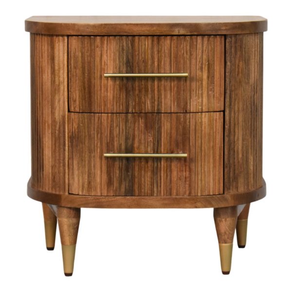 Solid Mango Wood Golden Teak Finished 2 Drawer Curved Fluted Bedside