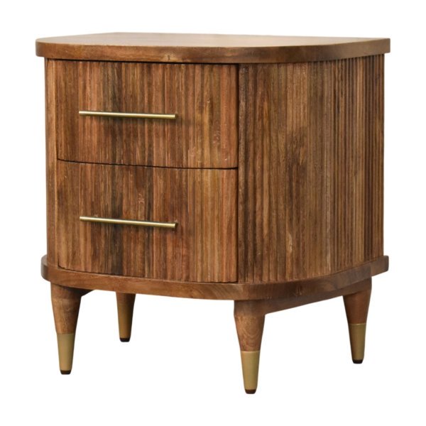 Solid Mango Wood Golden Teak Finished 2 Drawer Curved Fluted Bedside - Image 2