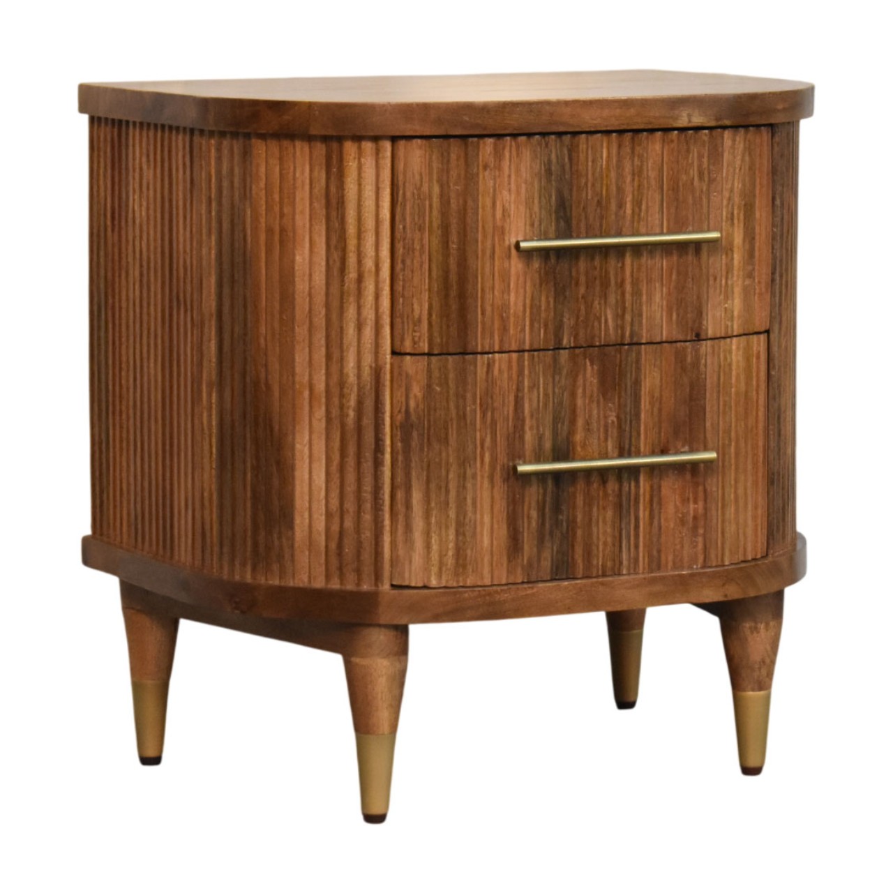 Solid Mango Wood Golden Teak Finished 2 Drawer Curved Fluted Bedside - Image 3