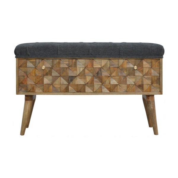 Solid Mango Wood Oak Finished Upholstered in Grey Tweed with Diamond Patterned Bench