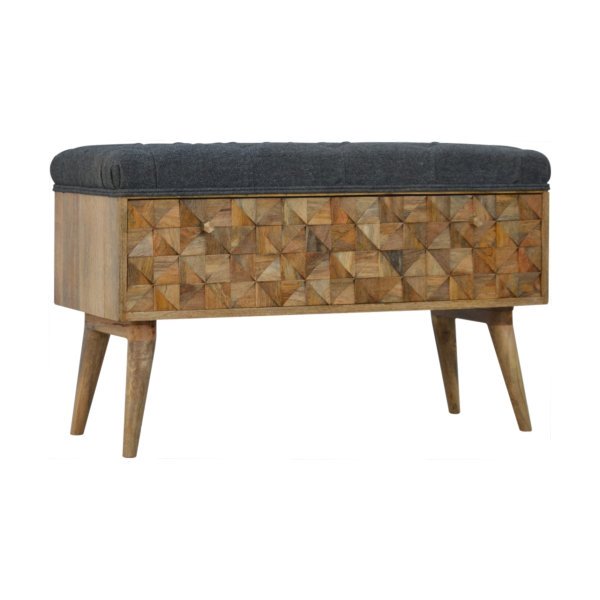Solid Mango Wood Oak Finished Upholstered in Grey Tweed with Diamond Patterned Bench - Image 3